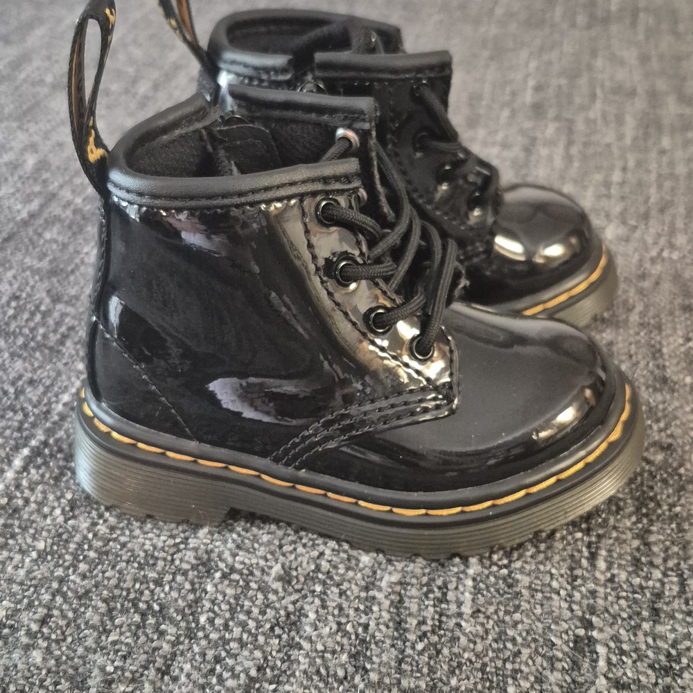 Dr. Martens Glossy Black Kids Boots with Yellow Accents